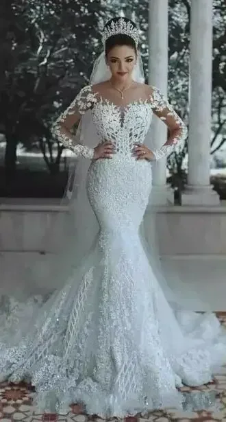 Suknie ślubne syreny z długim rękawem, szyte na miarę, z koronką, aplikacjami, zdobione koralikami, przezroczyste, w stylu księżniczki.