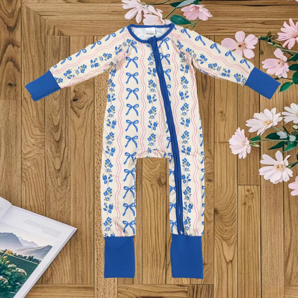 

9.10 Baby Winter Rompers Baby Girls Long Sleeves Blue Bows Flowers Stripe Zipper Pant Rompers