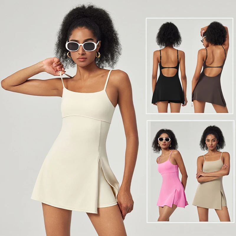 

Цельное теннисное платье с шортами и нагрудными подушечками, женские платья для гольфа, тренировочные юбки без рукавов с открытой спиной, женские шорты для бега, йоги