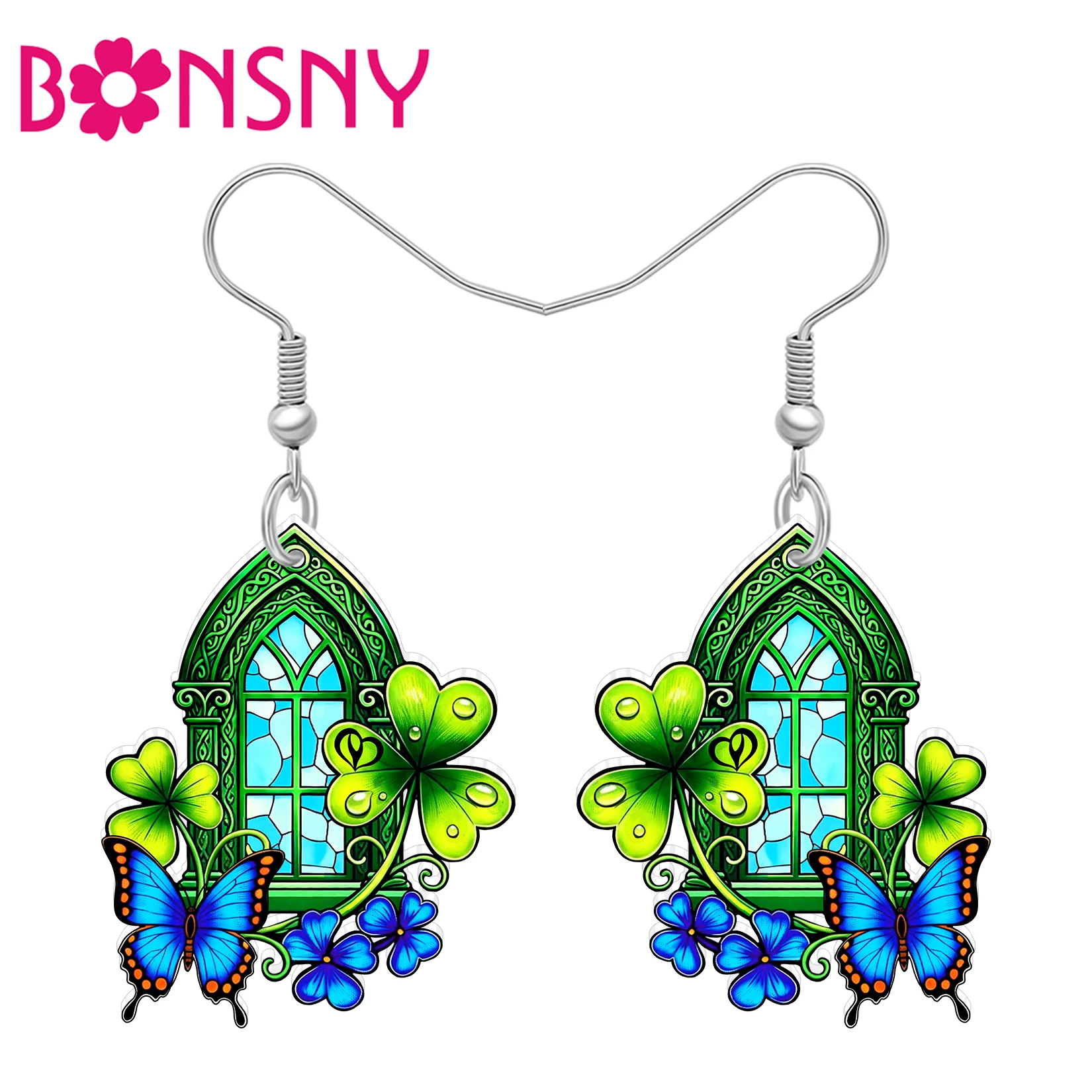 BONSNY Acrylic St Patricks Day Window Earrings Green Clover Butterfly Irish Spring Holiday Jewelry Good Luck Gifts For Women