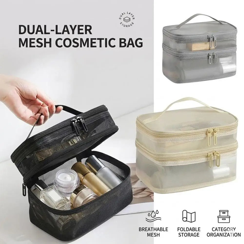Travel 2 Layers Cosmetic Organizer Bag Transparent Folding Mesh Zipper Storage Pouch Large Capacity Makeup Wash Kit Bag 2026