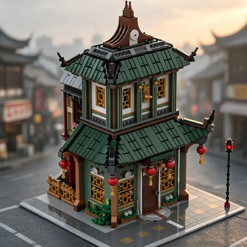 Oriental Streetscape Iconic Chinese Restaurant MOC Building Bricks Multi‑Floor Modular Food House Model Creative DIY Toys Gift