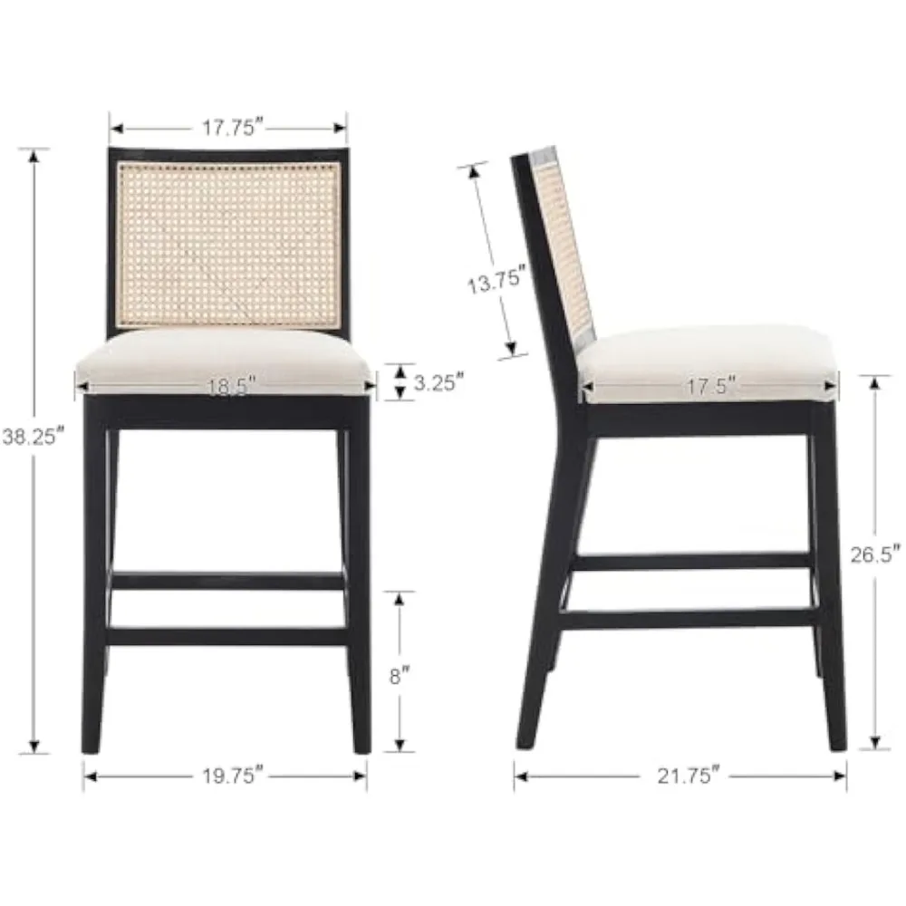26.5 Rattan Bar Stools Set of 2 Modern Linen Fabric Upholstered Counter Height Bar Stools, Kitchen Island Barstools with Rattan