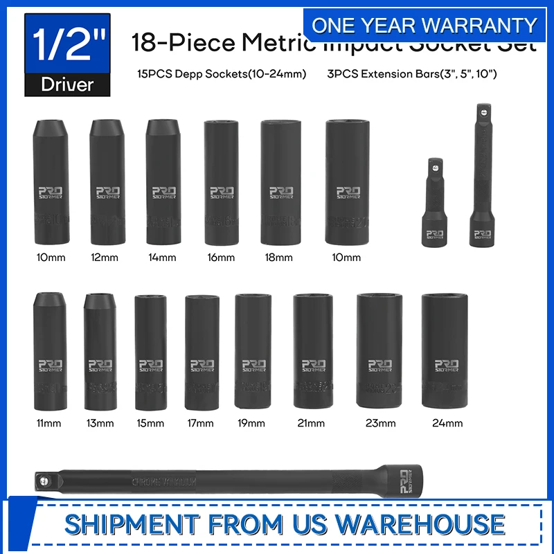 

1/2" Drive Impact Socket Set 18-Piece 10-24mm Metric Sizes Deep Socket Kit with 3" 5" 10" Extension Bars and Storage Case