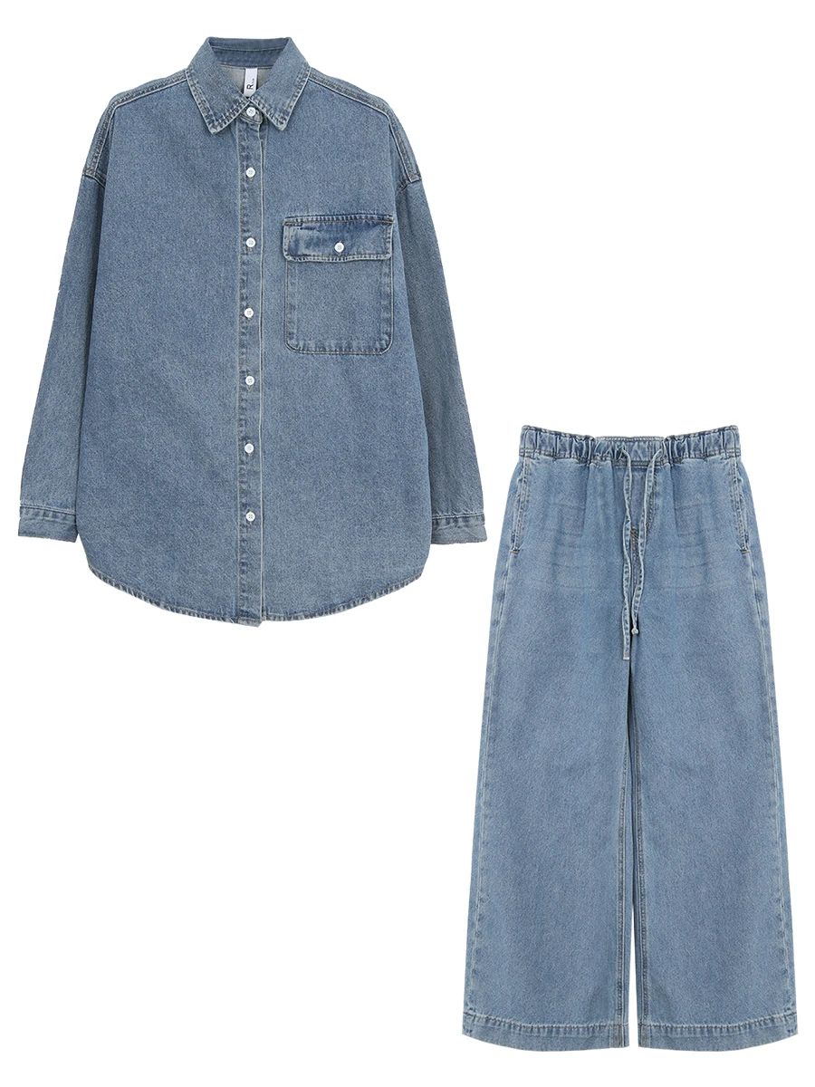

Blue Long Sve Denim irt Women's Autumn New Sle Two-Piece Set Design Sense Casual Cotton Blend Collar Button up