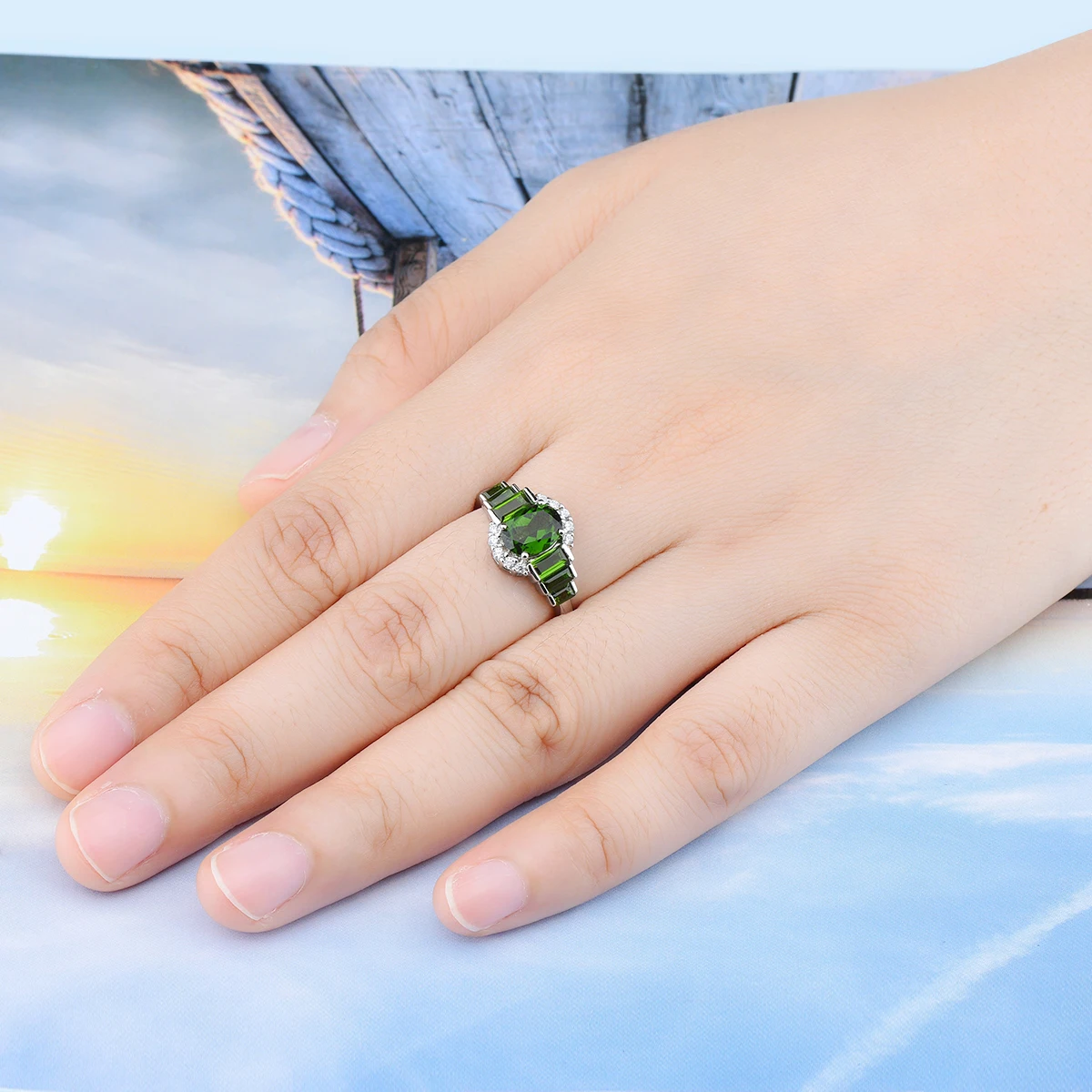 Natural Chrome Diopside Sterling Silver Rings 2.2 Carats Genuine Green Diopside Women Classic Elegant Style Christmas Gifts