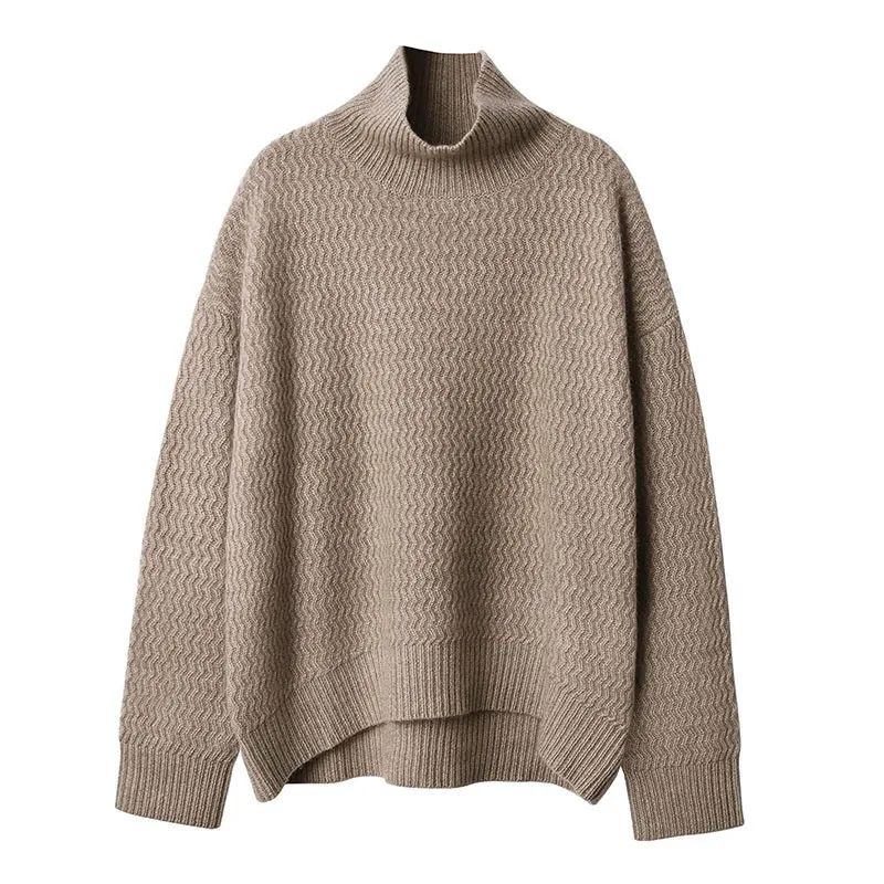 Wave pattern turtleneck cashmere sweater female autumn winter thickened languid lazy loose pullover sweater wear bottom knit