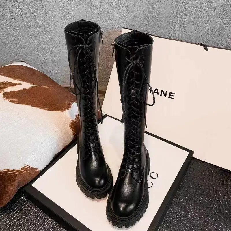 Winter Boots Women Knee High Boots Platform Pu Leather Increasing Long Female Lace Up Booties Mujer 2022 Zip Chelsea Women Shoes