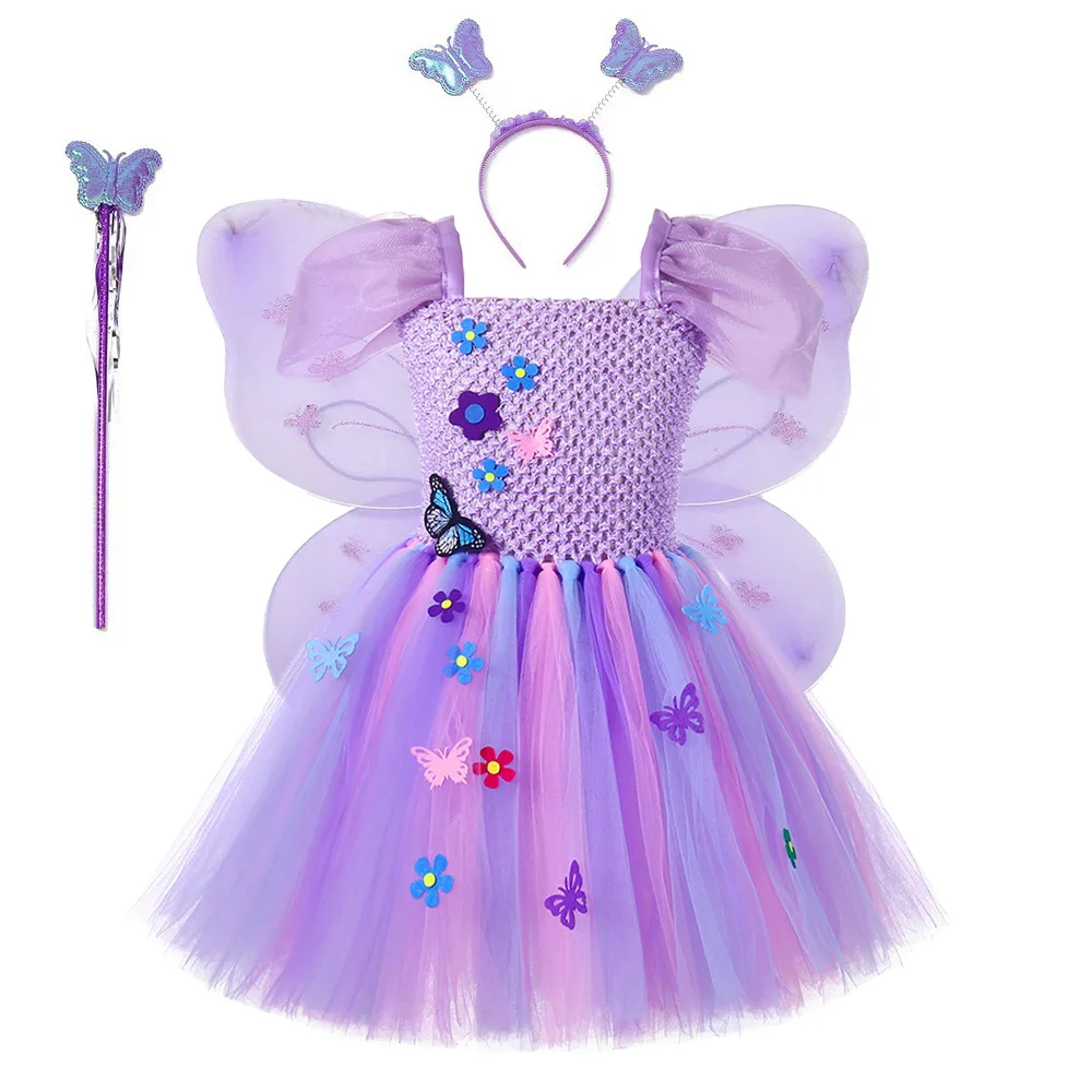 

Flowers Fairy Costume for Girls Halloween Birthday Party Tulle Princess Dress Kids Forest Fairy Tutu Dress with Butterfly Wings