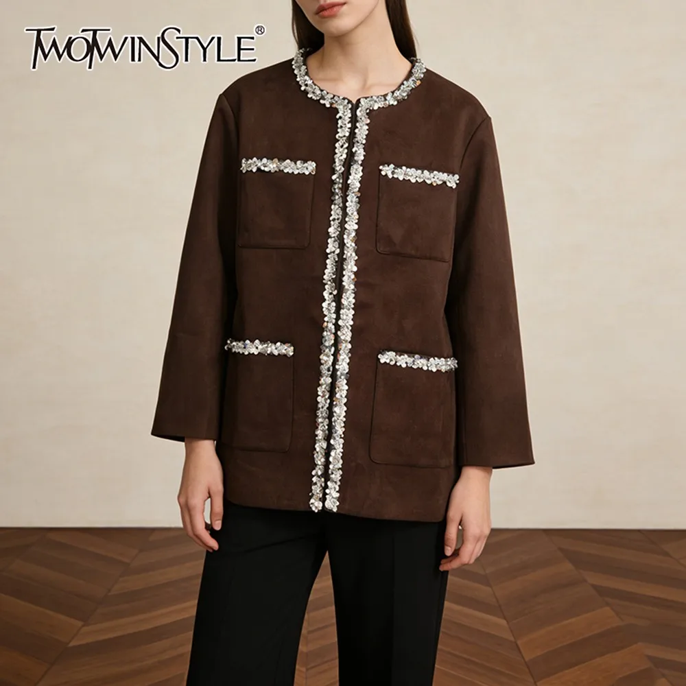 

TWOTWINSTYLE кофейная куртка с блестками женская с круглым вырезом и длинным рукавом свободные винтажные литературные женские куртки осенняя мода новинка