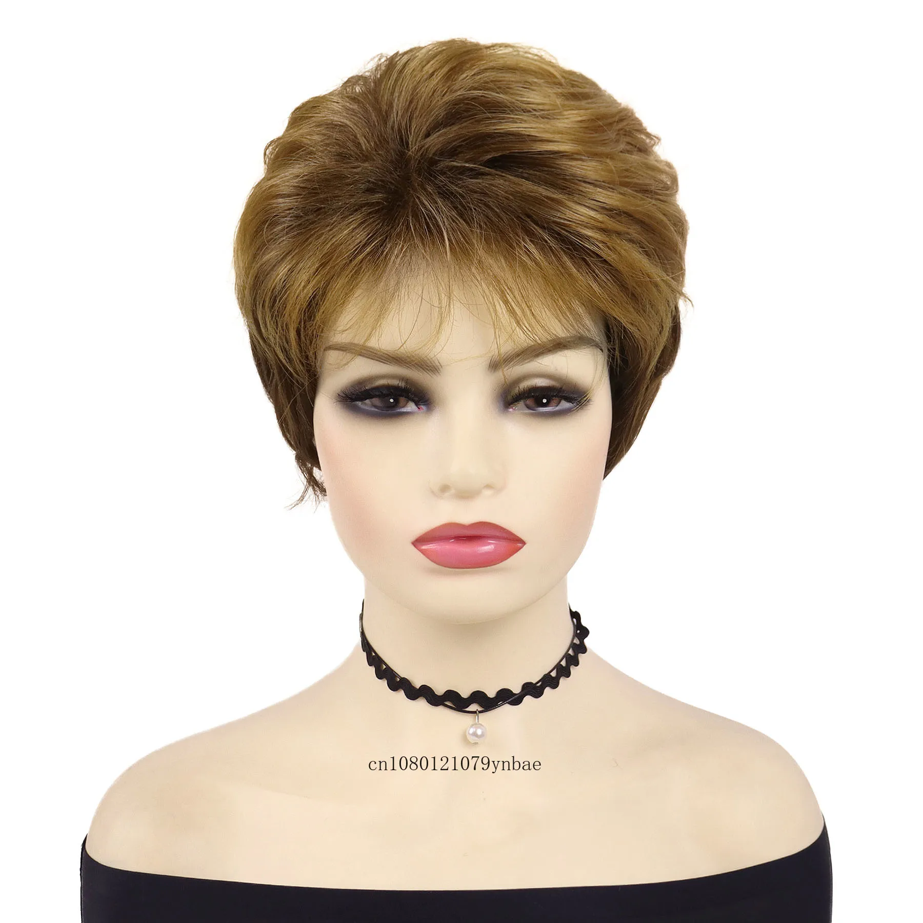 Blonde and Brown Synthetic Hair Wig with Bangs for Women Lady Short Curly Pixie Cut Wigs Daily Party Use High Temperature Fiber