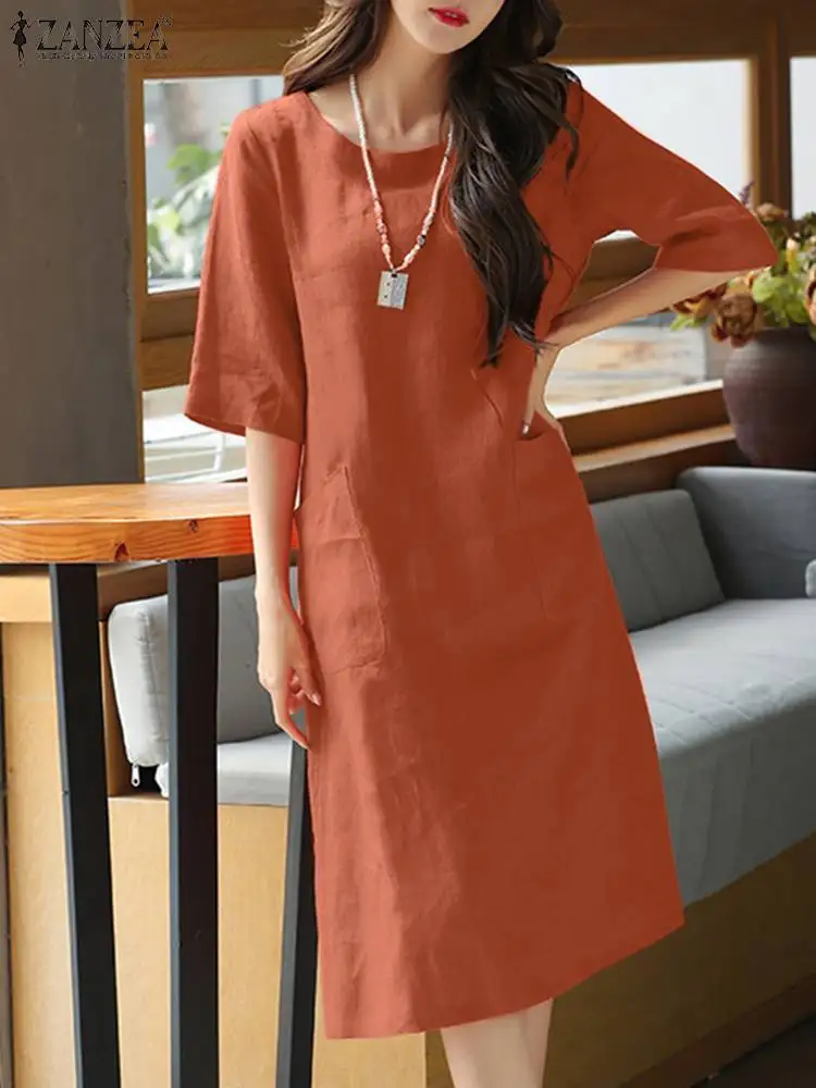 ZANZEA Summer Vintage Solid Cotton Dress Robe O Neck Half Sleeve Sundress Women Femme Casual Loose Beach Vestido Kaftan 2024