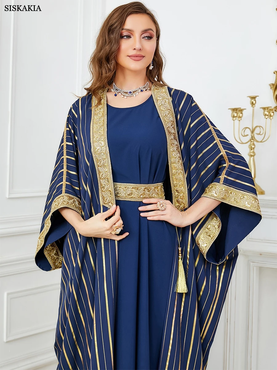 Imagem -06 - Siskakia-luxo Caftan Marocaína para Mulheres Noite Abaya Grupo Listra Azul Lantejoulas Cintos Robe Abaya Feminino Africano