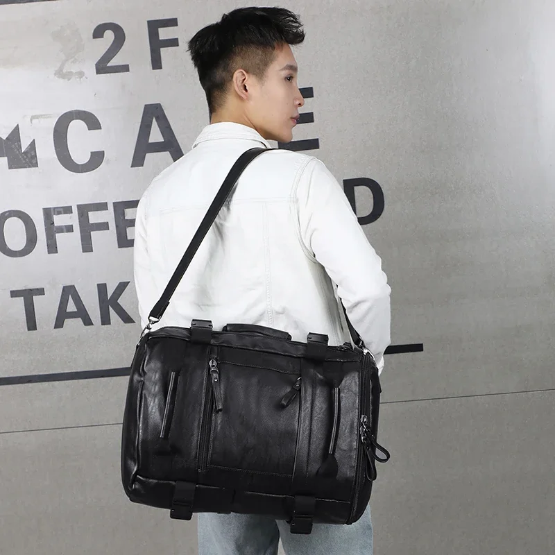 Tas Ransel Travel Pria Besar Kapasitas Tinggi Ransel Pria Kulit Hitam untuk Perjalanan Ransel Laptop Mochila