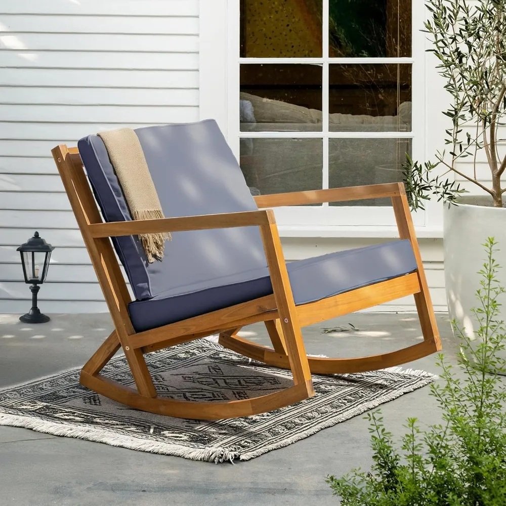 

chair 500lbs capacity with inclined backrest, thick foam cushion, solid acacia wood rocker for patio, backyard,