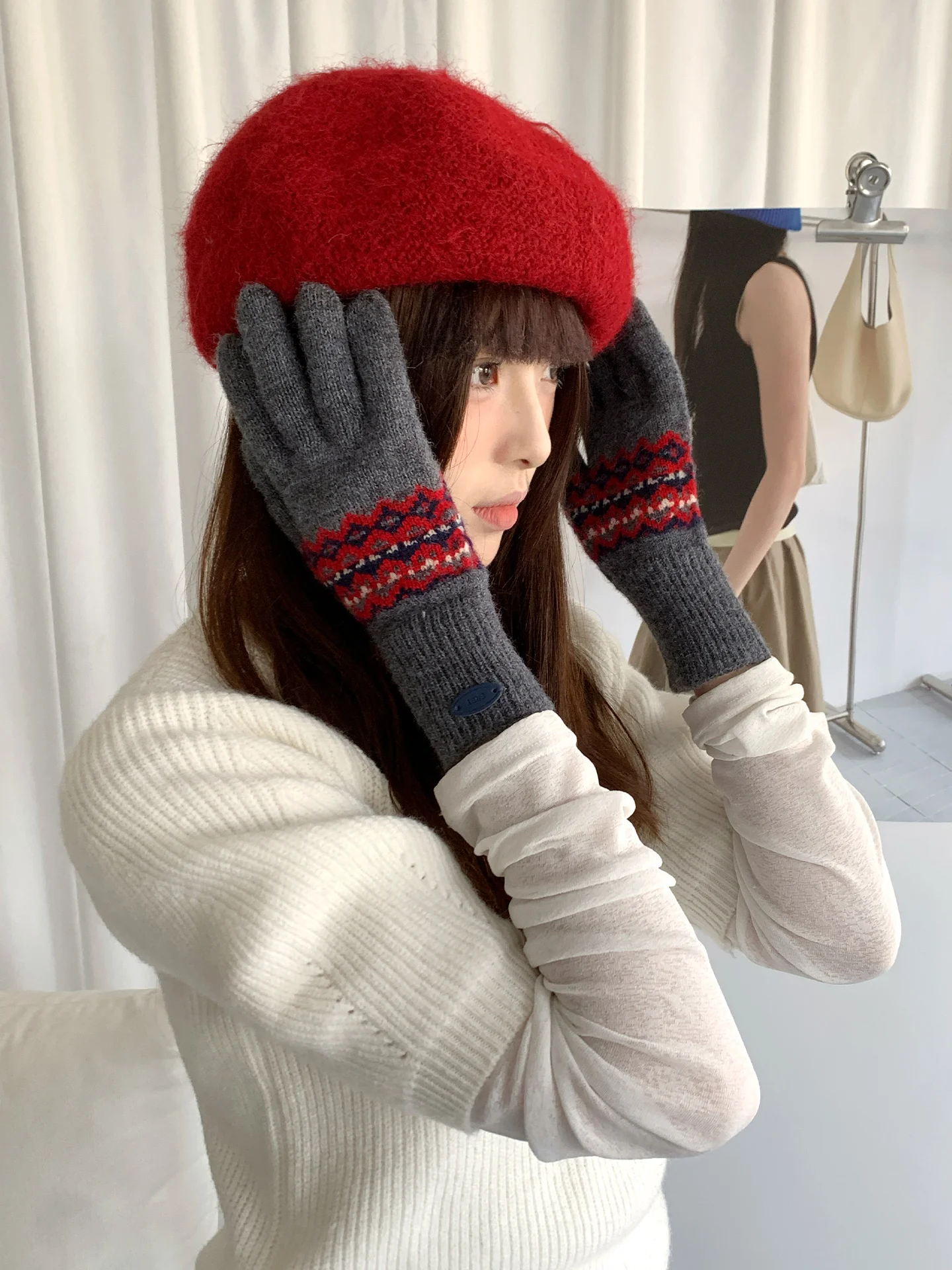 タッチスクリーンレトロフェアアイルカラーワークニット手袋女性用冬乗馬暖かく防寒指なし