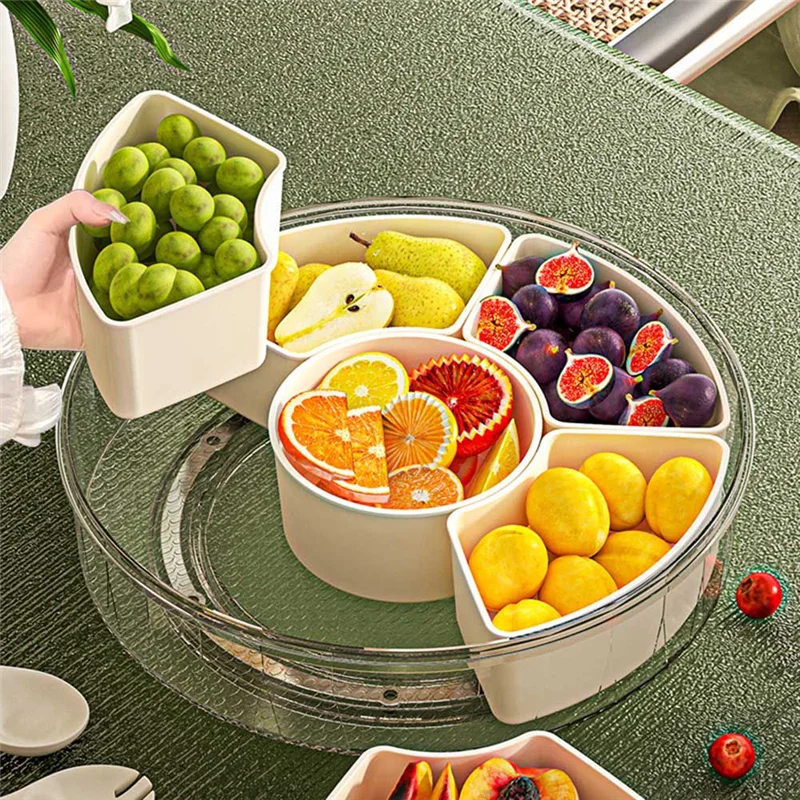 

Round Snack Box For Home Organization Clear Divided Rotating Fruit Tray Six Grids Multi-Compartment Design