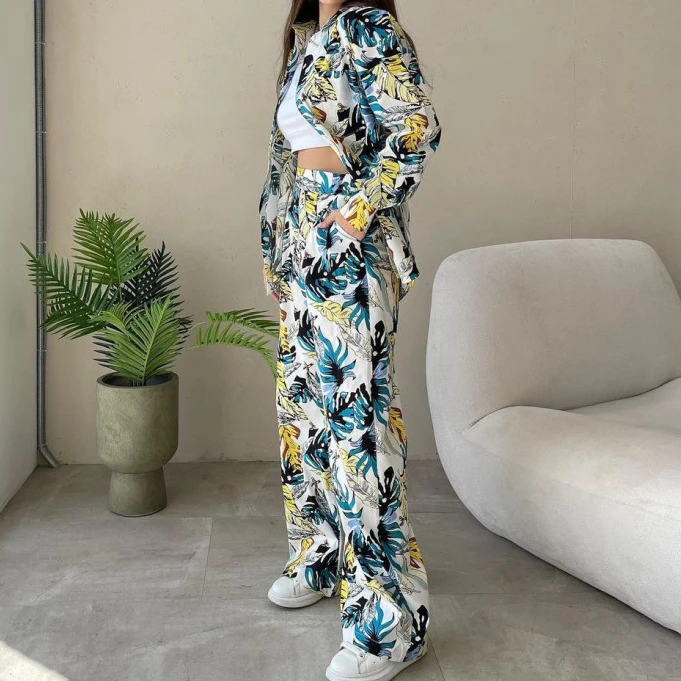 Two Pieces Women Pants Sets Single Breasted Print Blouses Wide Leg Pants High Street Elegant Loose Ankle Length Tracksuit Pocket