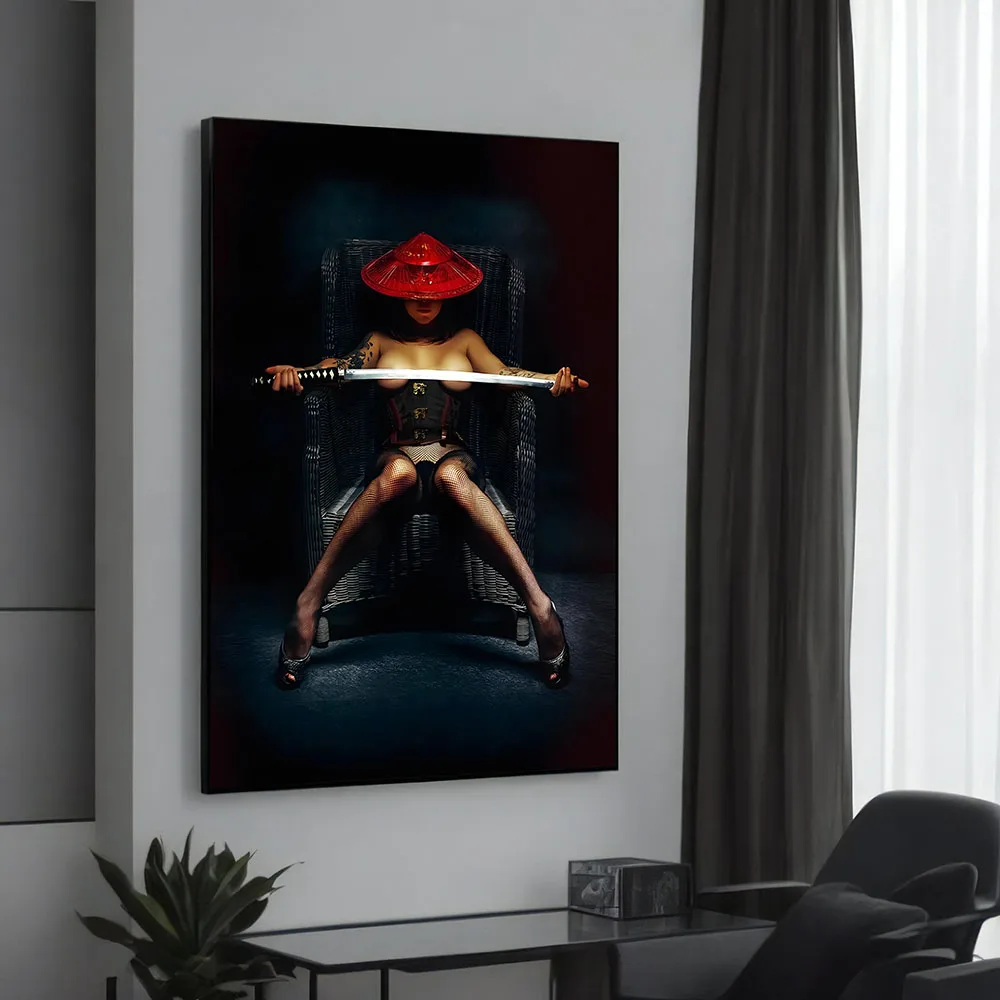 Seductive Samurai Woman with Red Hat and Katana Posters Canvas Painting Print Room Home Kitchen Bar Cafe Decor Room Wall Decor