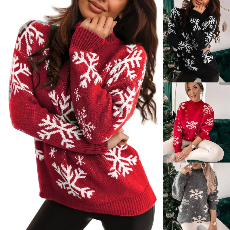 

Winter New Pullover Sweater Top Women Long-Sleeved Turtleneck Christmas Printed Knitted Sweater Women Long Sleeve Loose Sweater