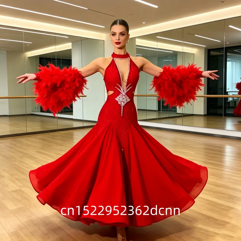 Social Modern Dance Feather Style Pearl AB Stones  Decoration Modern Big Swing Dresses Adult Quickstep Foxtrot Perform Clothes