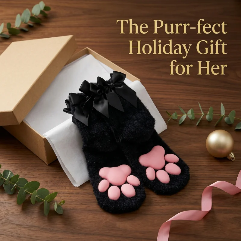 Damen Winter Thermo-Katzenpfoten-Socken mit Flauschiger Schleife Weiche Plüsch-Hausschuhe für Lolita Cosplay Innenbereich Niedliche Tierfußbekleidung – Detail 5
