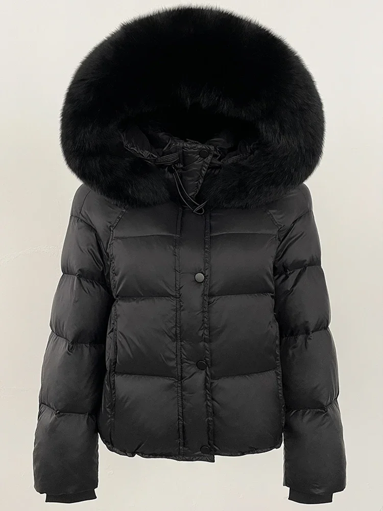 MENINA Gruba, ciepła, puszysta kurtka puchowa damska 2025 Nowa kolekcja jesień-zima, odzież damska z kapturem i prawdziwym futrem lisa na kołnierzyku, płaszcz puchowy