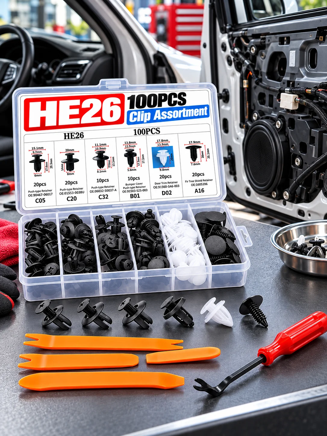 HE26 100PCS Car Push Retainer Clips 6 Types Plastic Fasteners for Bumper Door Trim Fender Liner Bag or Box Tool Kit
