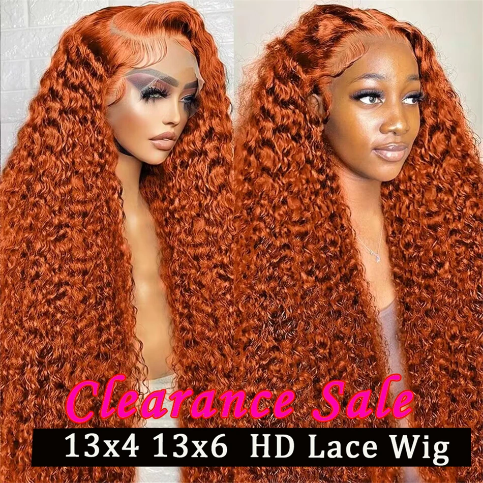 

Orange Ginger 13x6 Transparent Deep Wave Lace Frontal Wig Highlight Colored Lace Front Wig Water Curly Human Hair Wigs for Women