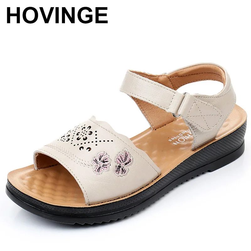 

Summer Genuine Leather Slip-On Low Heel Breathable Sandals Soft Open Toe Flat Sandals Women Shoes Mother Casual Walking