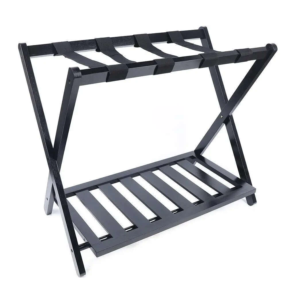 Folding Luggage Rack with Shelf Travel Bamboo Suitcase Shoe Storage Holder Stand