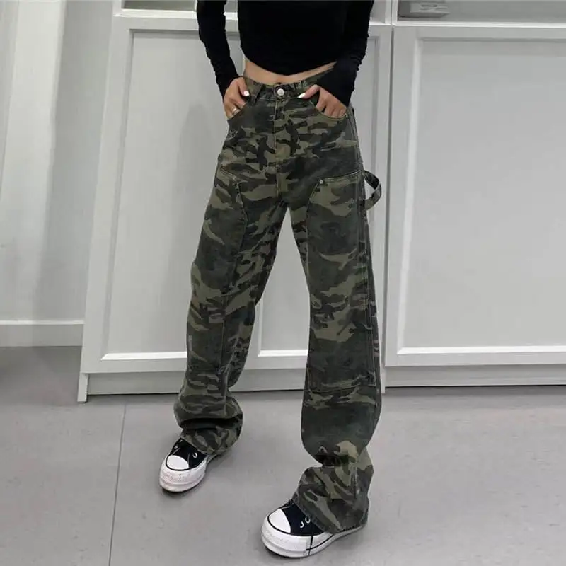 

High Waist Wide Leg Casual Streetwear Hiphop Denim Jeans Women's Straight Cut Long Trousers for Summer Workwear