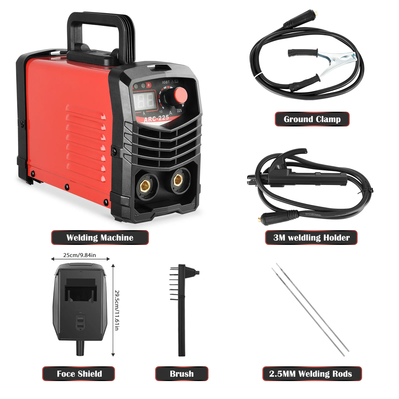 ARC-225 Welding MachineIGBT Electric LCD Welder Inverter Portable Welder Electrode Holder Grounding Clip　Mask Brush Welding Rods