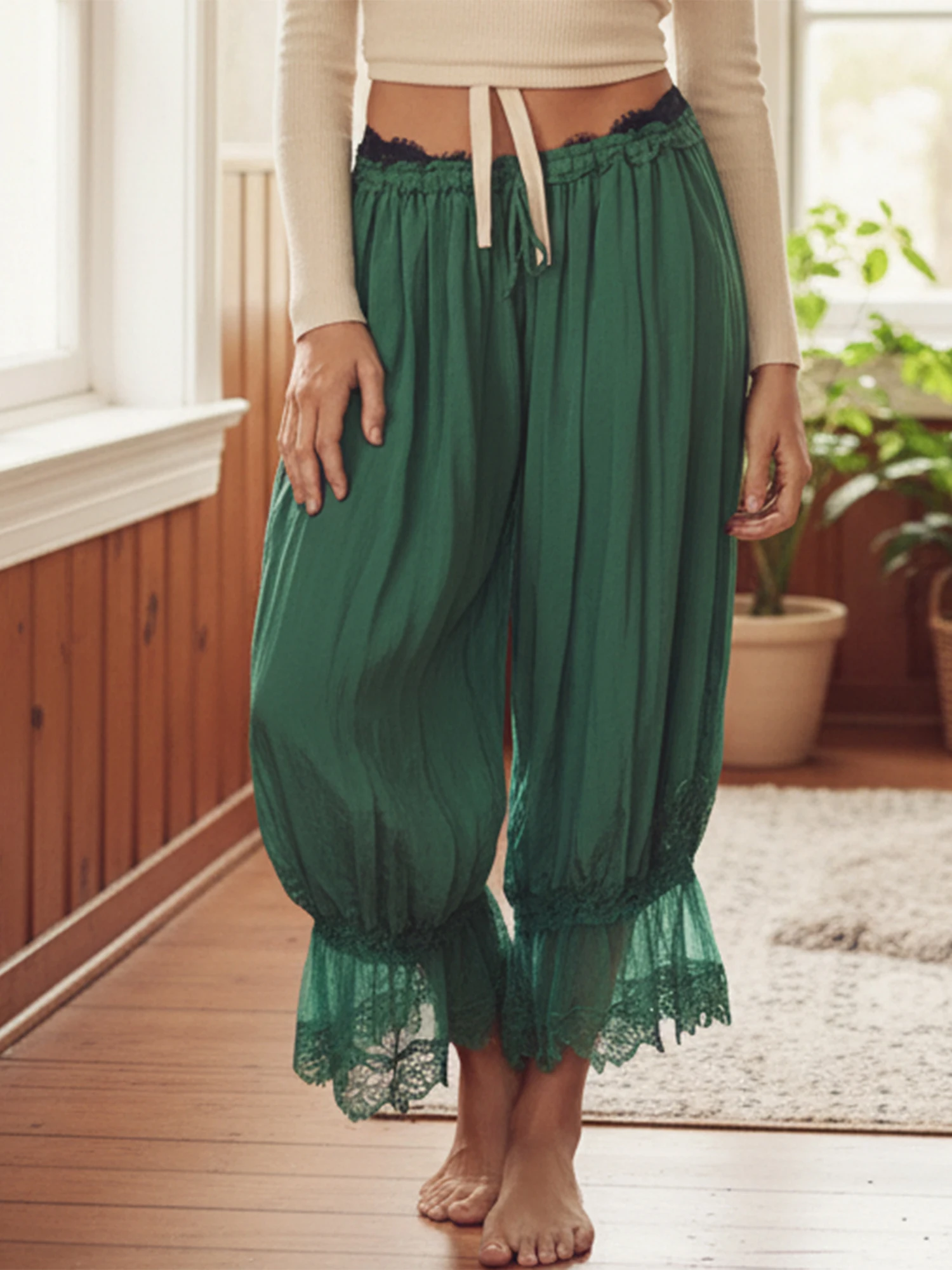 Women's Loose Lantern Pants Elastic Waist Lace Mesh Hem Trousers Slip Pants for Under Dress