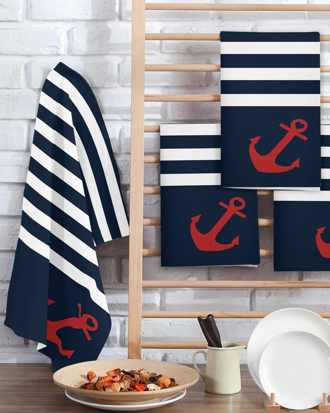 Navy Blue Stripe Anchor Simple 40*60cm Tea Towels Absorption Walf Checks Kitchen Soft Cleaning Towel Cloth Napkins Dish Rags