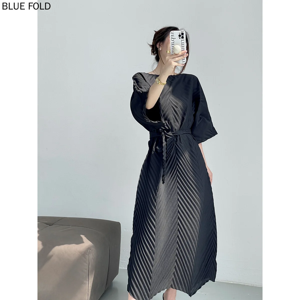 Miyake Pleated Dress, French Retro, Handmade Pleats, Loose, Lazy Wind Waist, Long Dress, Elegant Robe, Spring and Summer,