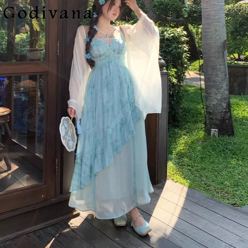 

Elegant Sexy Lace Tie-dye Ruffles Irregular Long Suspender Dress Women's Summer New Chinese High Waist V-neck Princess Dresses