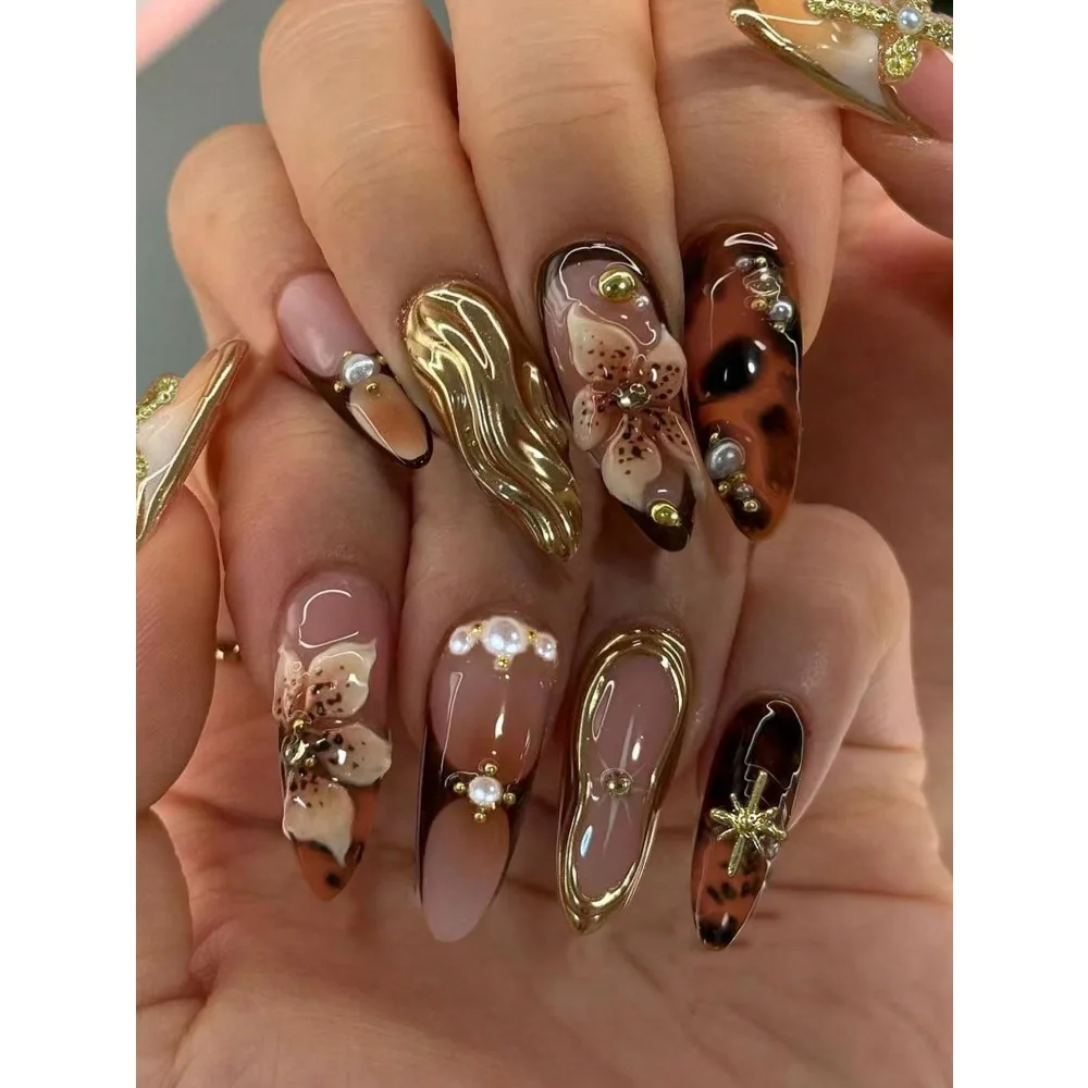 24pcs Almond Shaped 3D Gel Nail Stickers, Can Create Pearl Flower Nail Art, French Press-On Design, Almond Shaped Nails Fit Perfectly, Acrylic Fake Nails Set, Includes: 1pc Jelly Gel And 1pc Nail File