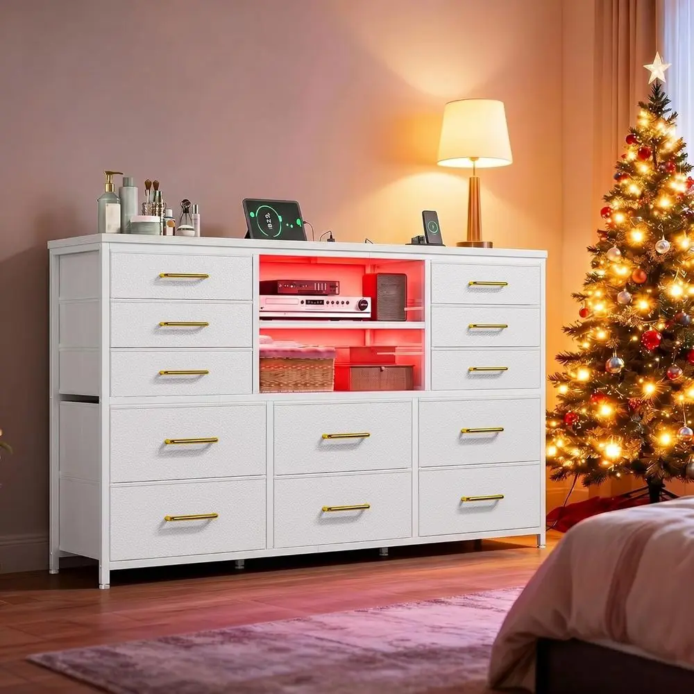 

12 Drawer Dresser with LED Lights, Charging Station, TV Stand for 55/60 TV, Fabric Drawers and Chests with 3 Wooden Shelves