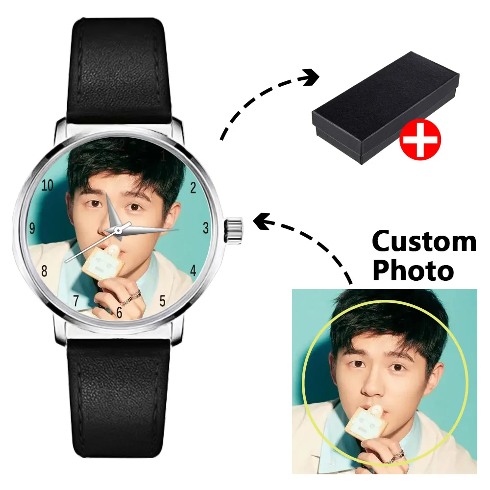 DIY Custom Personal Photo Brand Logo Casual Leather Black and White Quartz Watch for Men and Women's Anniversary Gifts