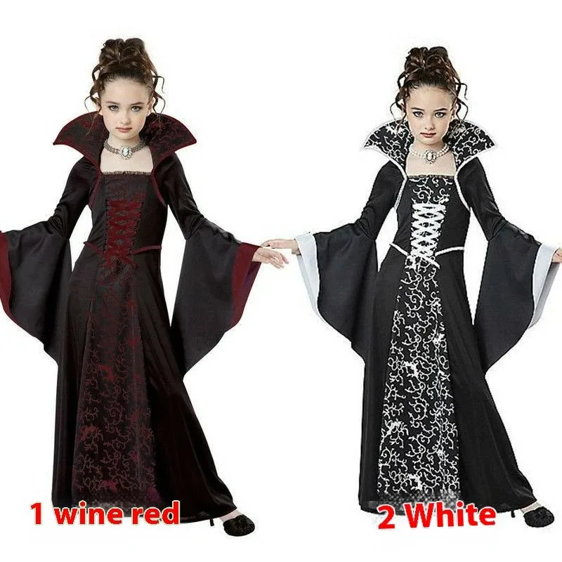 Abiti da strega per bambini Halloween medievale retrò in pizzo colletto rialzato vestiti per ragazza abito a maniche lunghe stampato cosplay ragazze