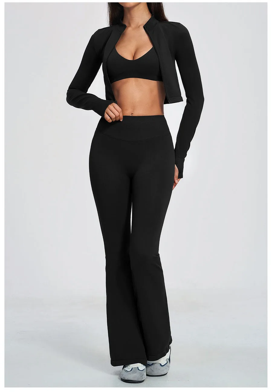 Damen-Trainingsanzug 3-teilig, Yoga-Anzug, nahtloses Sportset, ausgestellte Leggings, Fitness- und Laufoutfit, langärmelige Sportjacke, Yoga-Bekleidung – Detail 19