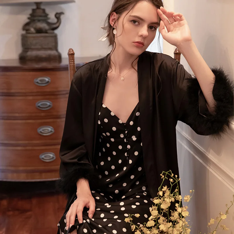 SXTHAENOO Fall Dress Fashion Homewear Black White Dots Nightdress Women Deep V Nightgowns Elegant Feather Pajamas Suit 2pices