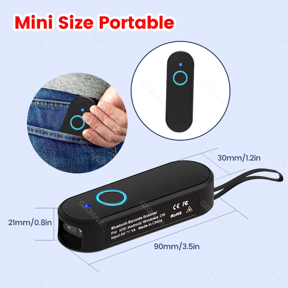 Inventory 1D 2D Mini Bluetooth Barcode Scanner Portable Pocket 2.4G Wireless QR PDF417 EAN Bar Code Reader Mobile for Warehouse