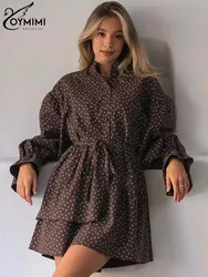 Oymimi Elegant Brown Print Dresses 2024 Women Fashion Long Sleeve Button Lace-Up Dresses Autumn Loose Pleated Mini Dress Female