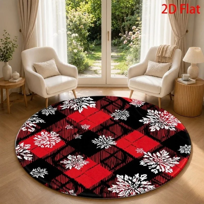 White Snowflake Red Christmas Round Area Rug, Winter Printed Floor Mat, Holiday Decor Carpet for Bedroom