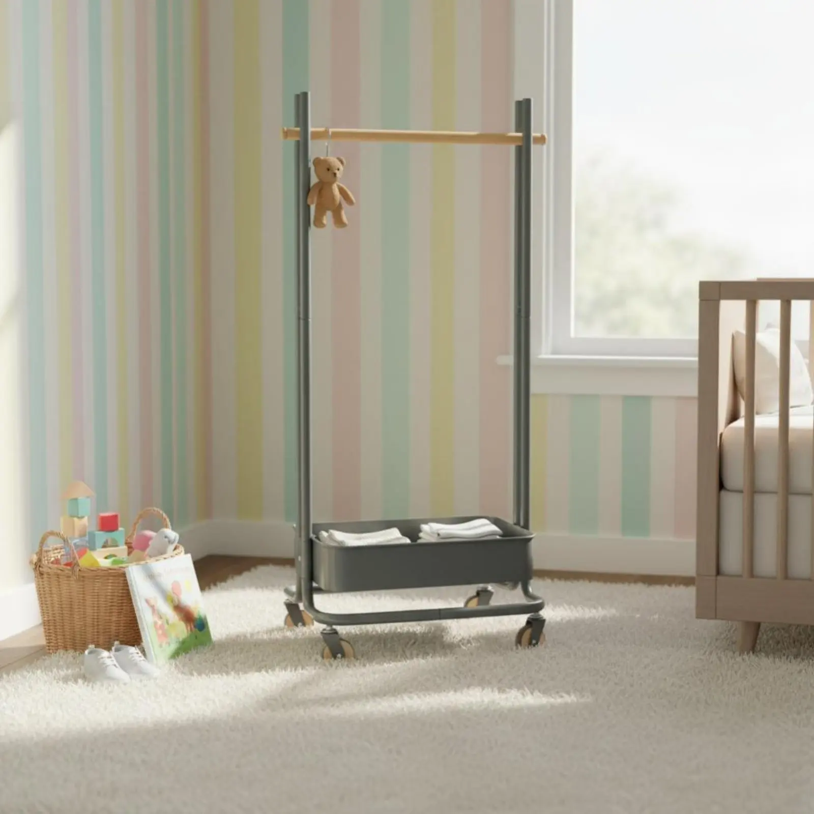 

children's Rolling Clothes Rack Child-Sized Height Garment Stand Minimalist Design Sturdy Construction for Children, Entryway