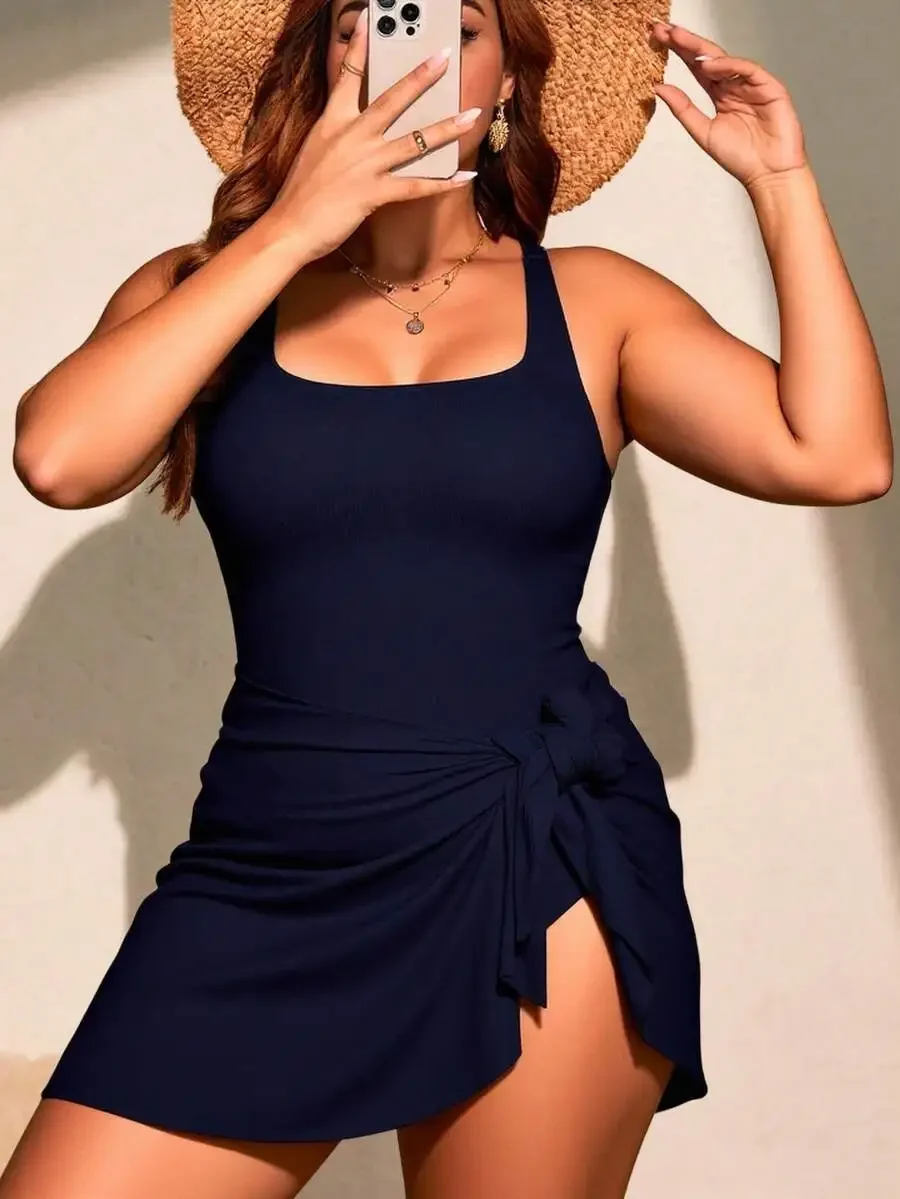 

Plus Size Summer Beach Solid Color Knotted Hem Swimsuit Skirt