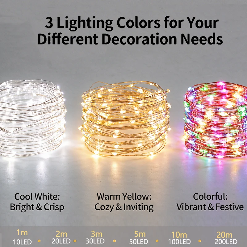 USB Led Fairy Lights Copper Wire String 20M 200LED Holiday Outdoor Lamp Garland for Christmas Tree Wedding Party Decoration