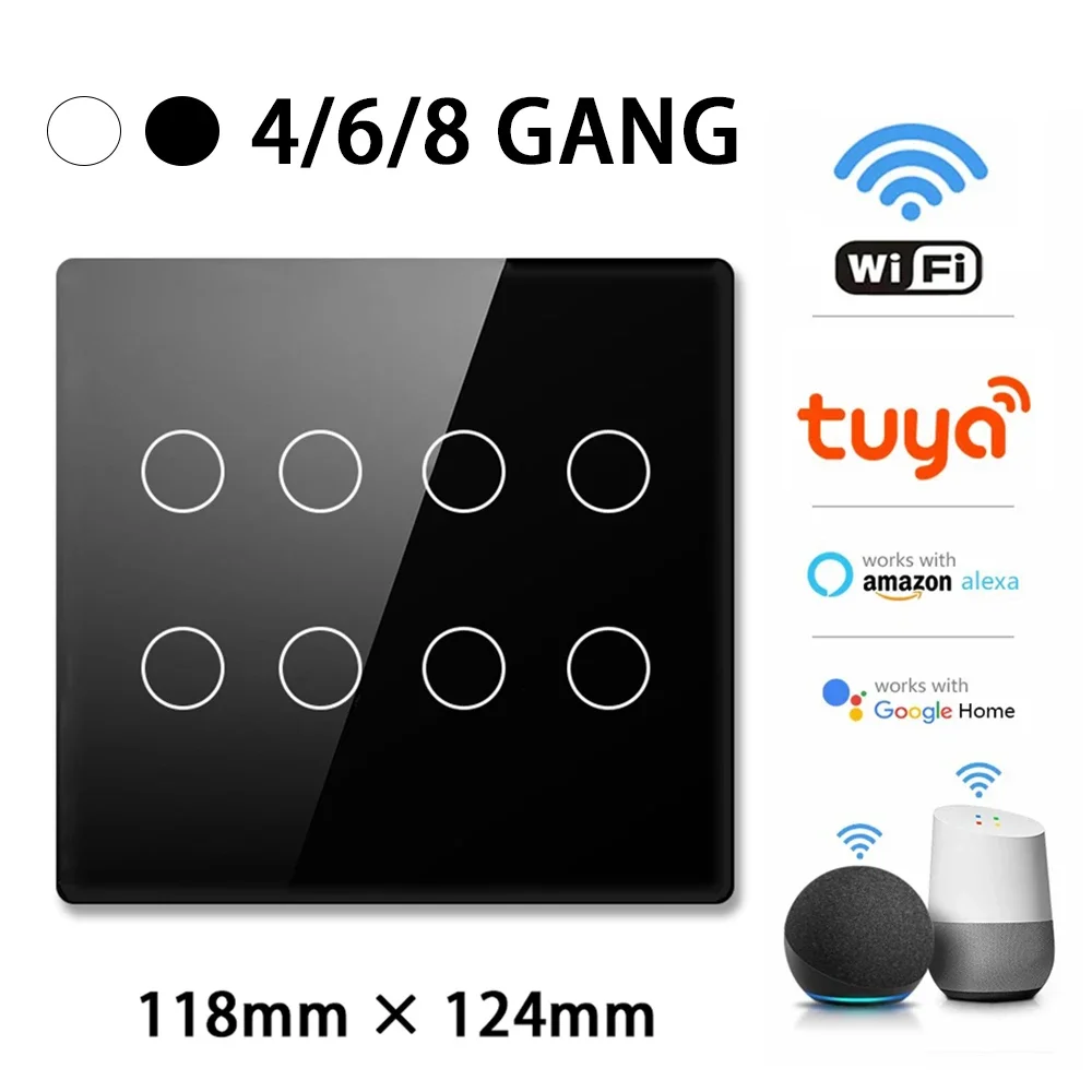 4x4 Brazil Tuya WiFi Smart Switch,AC 110-220V Touch Panel 4/6/8 Gang Light Switch,APP Control work with Alexa,Google Home